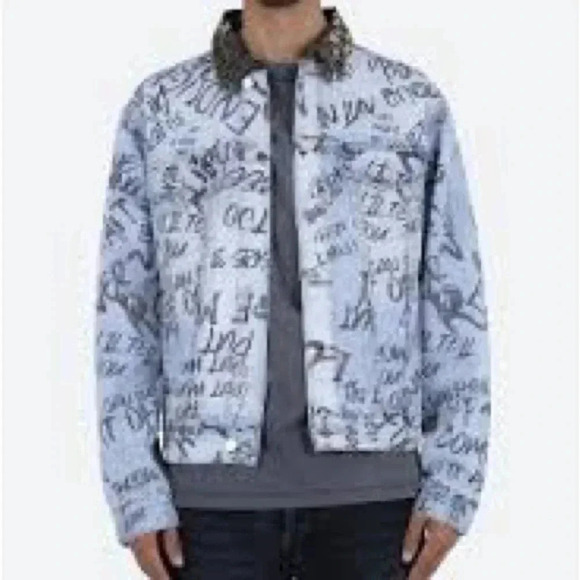 NWT MNML  Blue Scribble Trucker Graffiti Jacket Men's Jacket - Picture 5 of 12